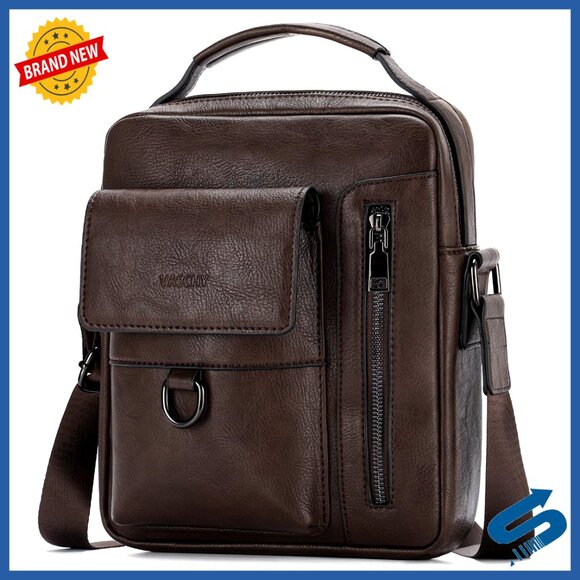 Vegan Leather Messenger Bag Medium Crossbody Satchel for Men Travel Shoulder